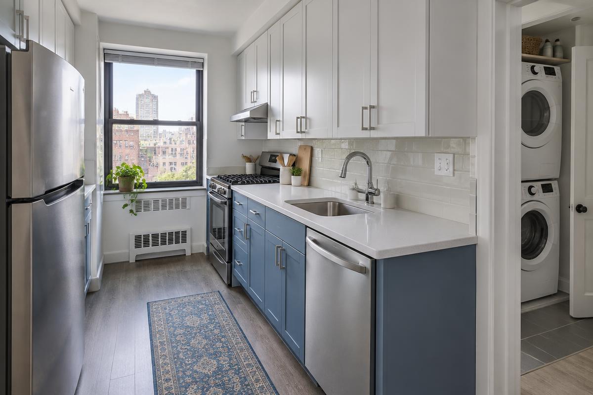 Compact New York apartment kitchen with unbranded appliances