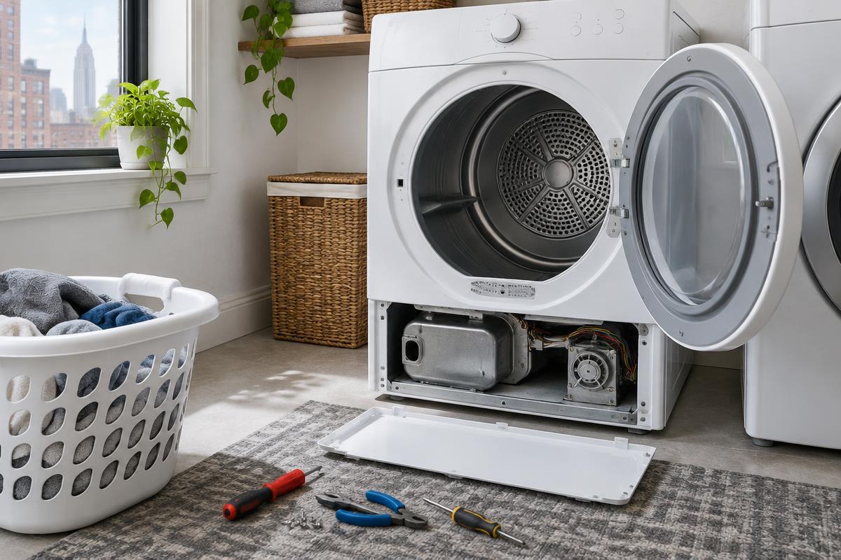 Unbranded clothes dryer with its door open and lower service panel removed