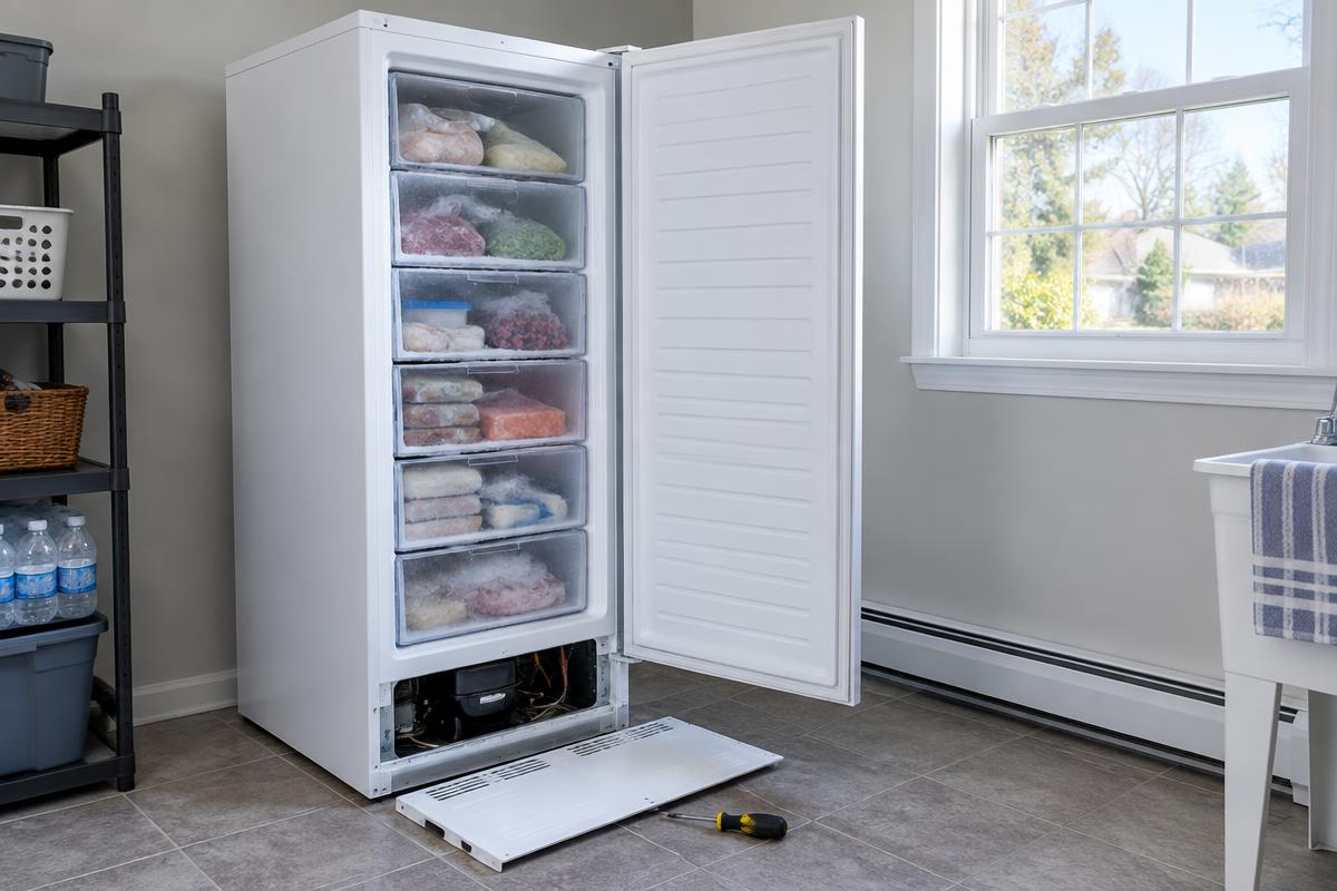 Open upright freezer with frozen-food drawers and lower service panel removed